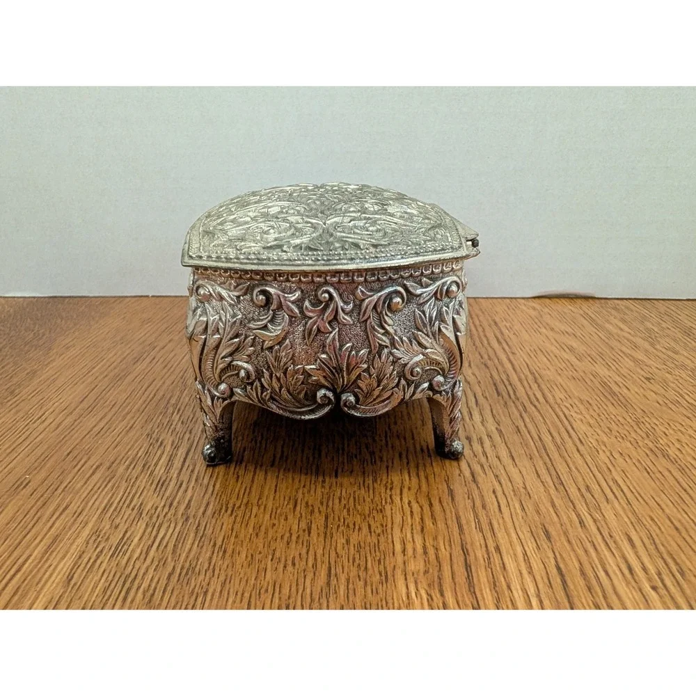 Vintage Silver Toned Jewelry Trinket Box/Footed/Red Velvet Lining